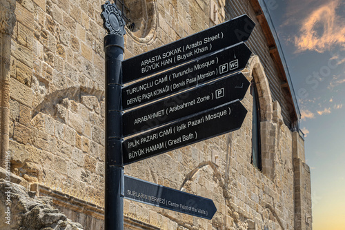 Street signs marking the direction to the few famous sites to visit in Nicosia, Cyprus