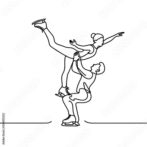 Ice dancers performing a lift on the skating rink, continuous line drawing  