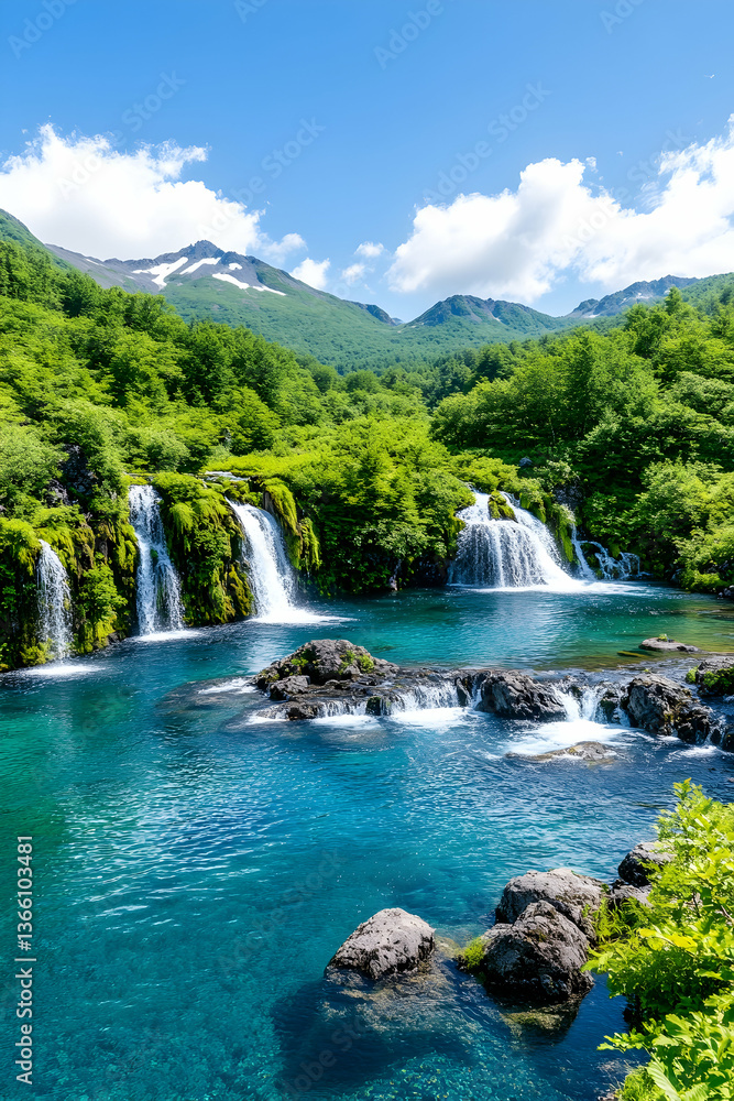 Obraz premium Serene turquoise waterfall cascading into a vibrant pool surrounded by lush green mountains under a bright blue sky