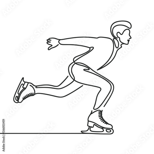 Male figure skater gliding elegantly on ice in minimalist style, continuous line drawing    
