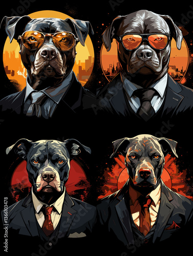 Stylish dogs in suits and sunglasses posed confidently against sunset cityscapes. A bold, modern illustration perfect for cool branding, attitude, and fashion-themed artwork.

