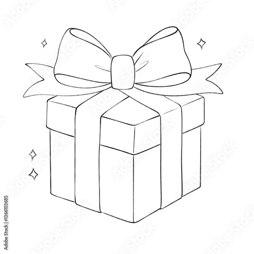 Charming line art of a wrapped gift box with a large bow and sparkles, perfect for festive, holiday, or celebration-themed designs.