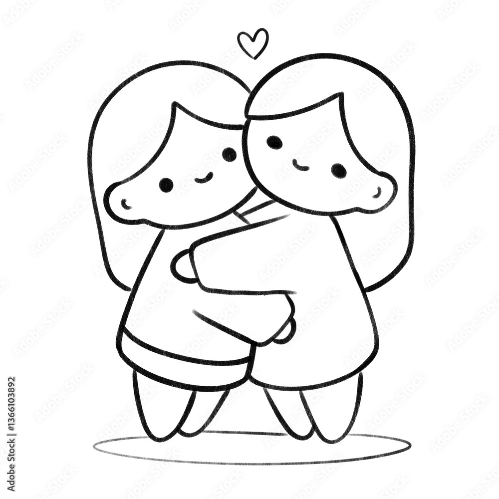 Adorable line art of two hugging characters with a heart above, symbolizing love, friendship, and warmth, perfect for cute and emotional designs. Adorable line art of two hugging characters with a heart above, symbolizing love, friendship, and warmth, perfect for cute and emotional designs.