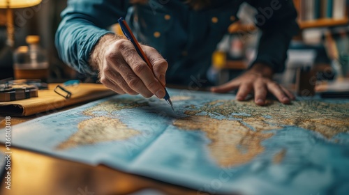 A cartographer designing a world map, using digital tools and geographical data for accurate landmasses and coordinates