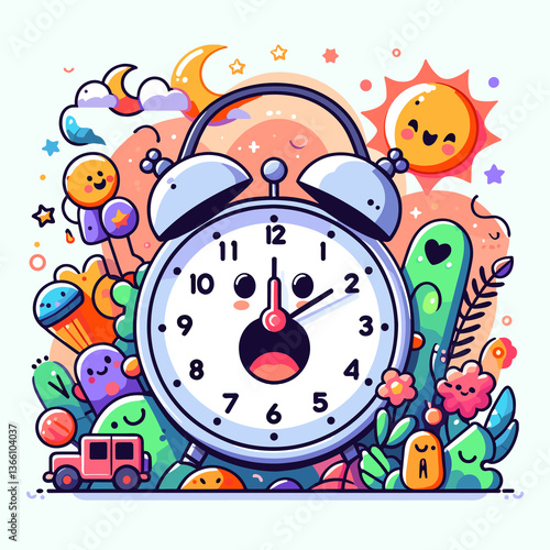 A cartoonish clock with a smiling face and a cartoonish sun and moon