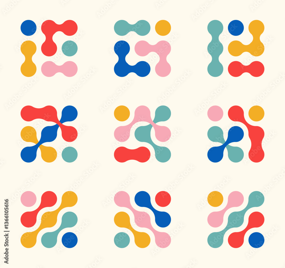 Fototapeta premium Dots metaball colorful pattern. A set and collection of abstract round shapes on a white background. Connected vector spots. Geometric circle decorative molecules. Texture. Modern minimalistic design.