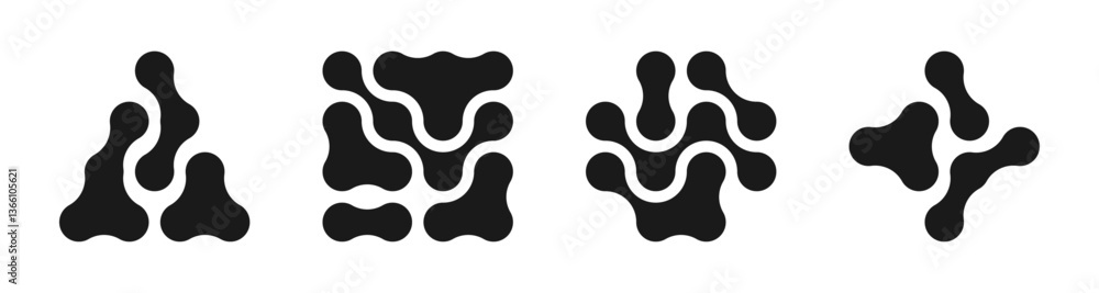 Dots metaball black pattern. A set and collection of abstract round shapes on a white background. Connected vector spots. Geometric circle decorative molecules. Texture. Modern minimalistic design. Dots metaball black pattern. A set and collection of abstract round shapes on a white background. Connected vector spots. Geometric circle decorative molecules. Texture. Modern minimalistic design.