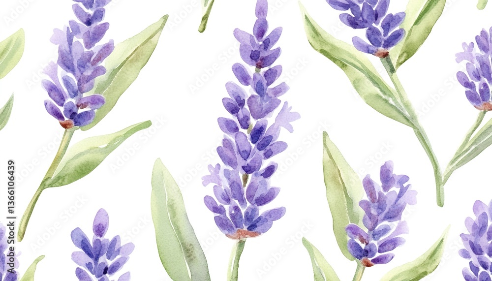 Obraz premium A watercolor-style illustration of lavender flowers in purple with green leaves, scattered on a white background, soft and natural composition, fresh and delicate atmosphere