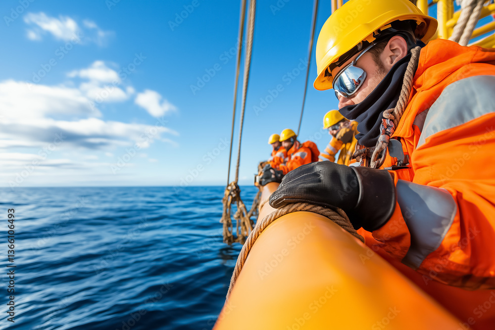 Fototapeta premium Crew members adjusting ropes on a bright orange platform at sea. Setting features clear blue sky, calm water reflecting sunlight. Concept of maritime operations, team effort, safety at sea
