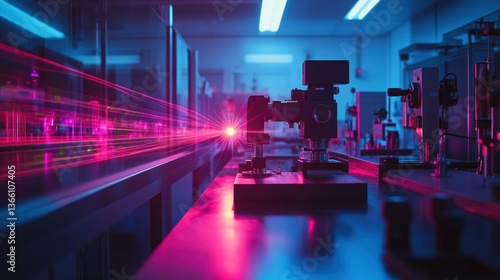 A high-tech physics lab where lasers and mirrors are used to demonstrate light refraction and diffraction patterns
