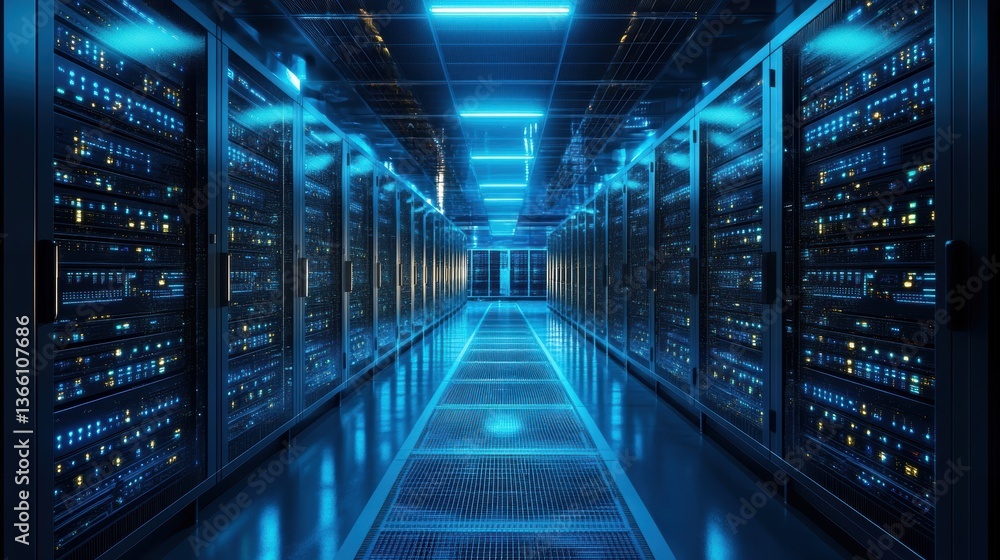 A data center filled with servers and networking equipment, with cables, computers, and digital screens showing real-time data monitoring A data center filled with servers and networking equipment, with cables, computers, and digital screens showing real-time data monitoring
