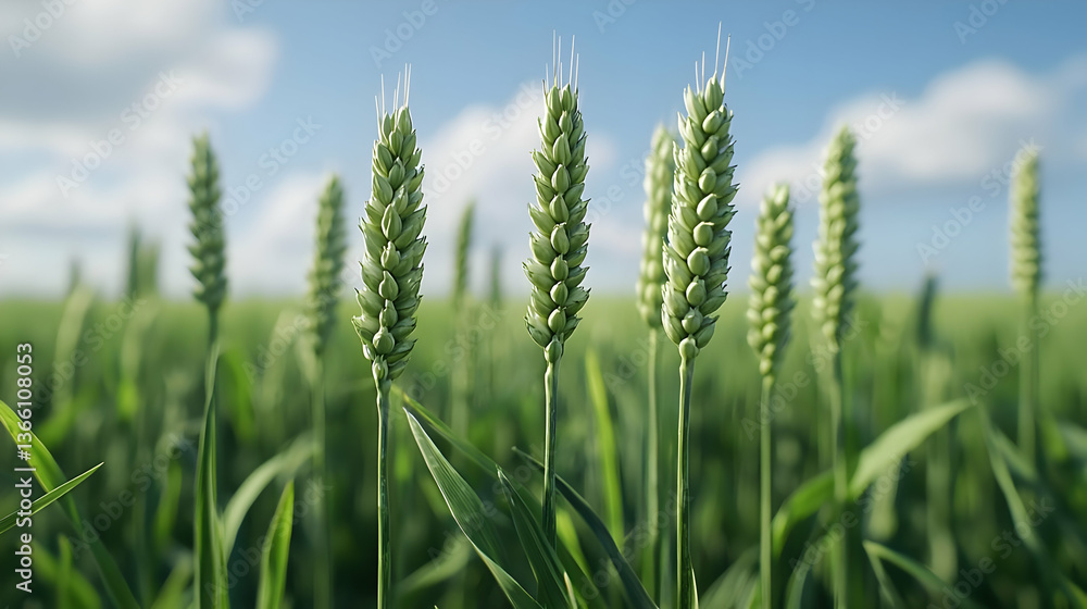 Close Up Of Green Wheat Plants Against A Bright Blue Sky In A Lush Field During A Sunny Summer Day Close Up Of Green Wheat Plants Against A Bright Blue Sky In A Lush Field During A Sunny Summer Day