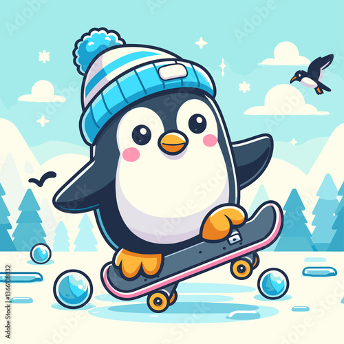 A penguin wearing a hat and a blue and white beanie skateboarding