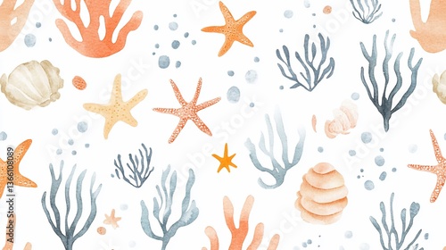 Seamless Watercolor Pattern of Starfish Coral and Shells