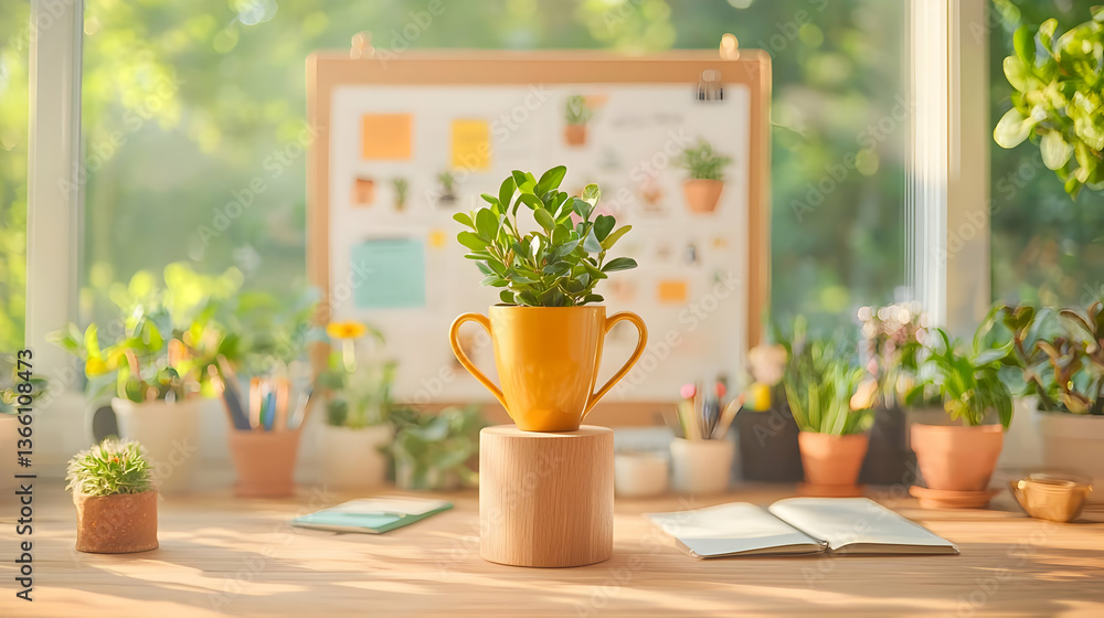Glowing Trophy with Plant on Desk Amidst Lively Greenery Setup Glowing Trophy with Plant on Desk Amidst Lively Greenery Setup