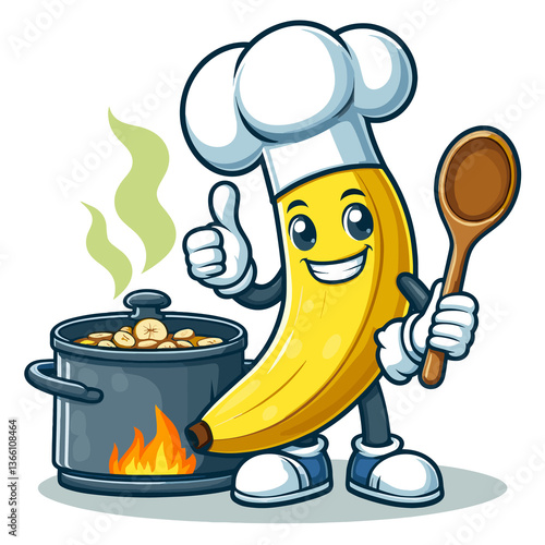 A cartoon chef is cooking a pot of food with a banana and a wooden spoon