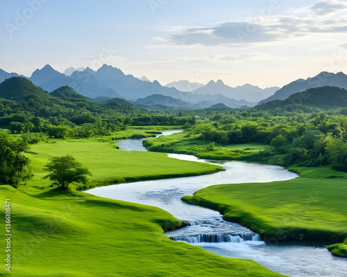 Serene river meandering through lush green valley, nestled amidst majestic mountains under a tranquil sky