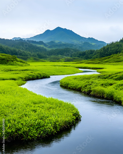 Serene river meandering through lush green valley towards distant mountain