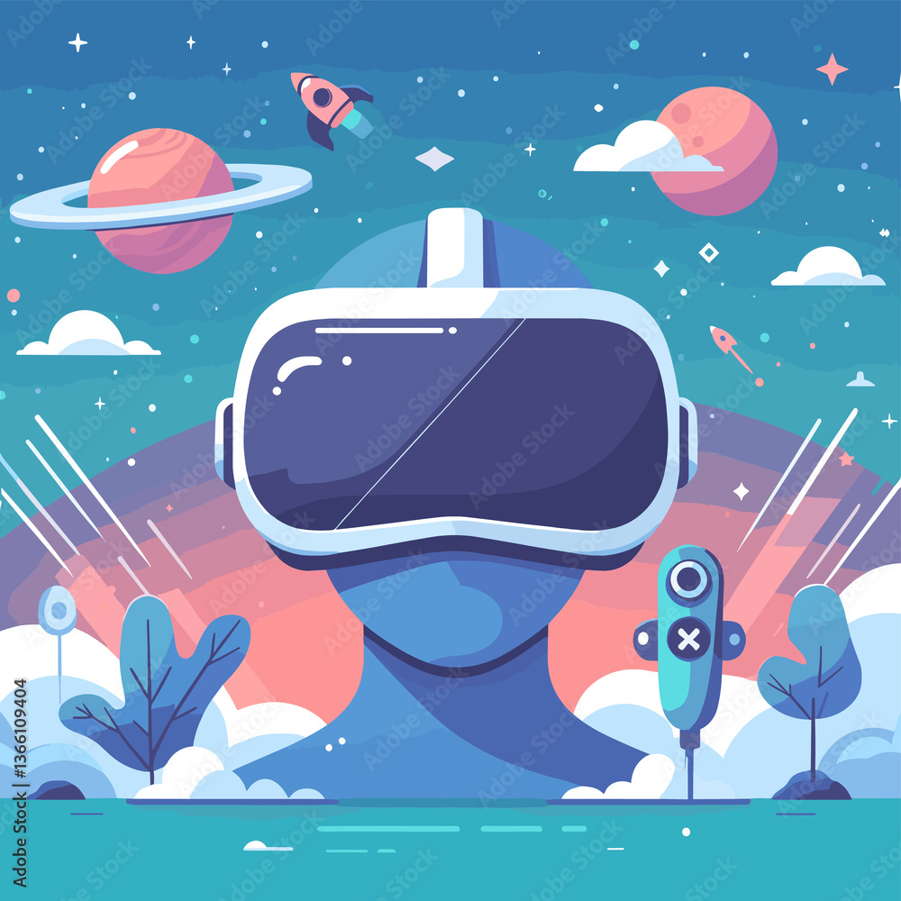 Naklejka premium A blue head with a virtual reality headset on it is surrounded by a space scene