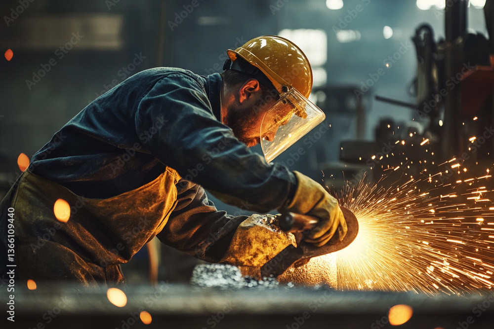 Man grinding metal in workshop producing sparks Generative AI Man grinding metal in workshop producing sparks Generative AI