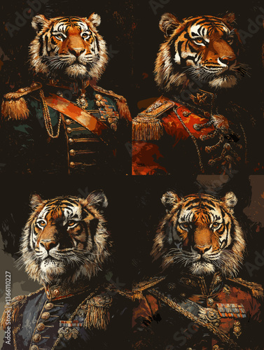 Majestic tigers in ornate military uniforms, blending wild elegance with aristocratic fantasy. Perfect for surreal animal art and imaginative vintage-style portraits.


