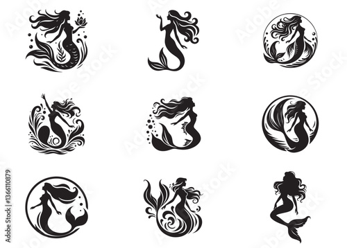 Mermaid silhouette vector Set