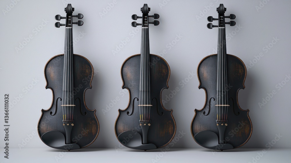 Naklejka premium Three black violins against a white wall; music, instruments, studio