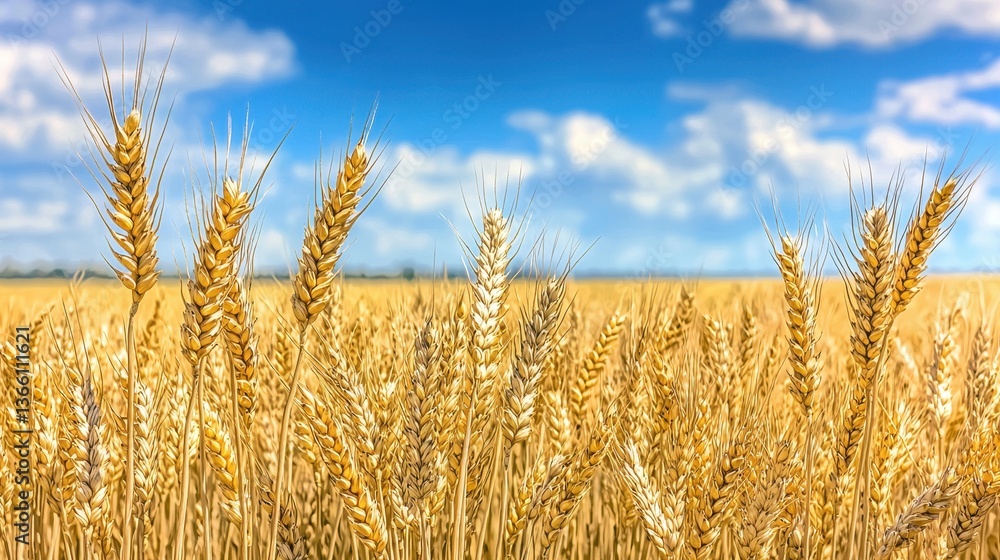 Fototapeta premium Golden Wheat Field Under Blue Sky with Fluffy White Clouds