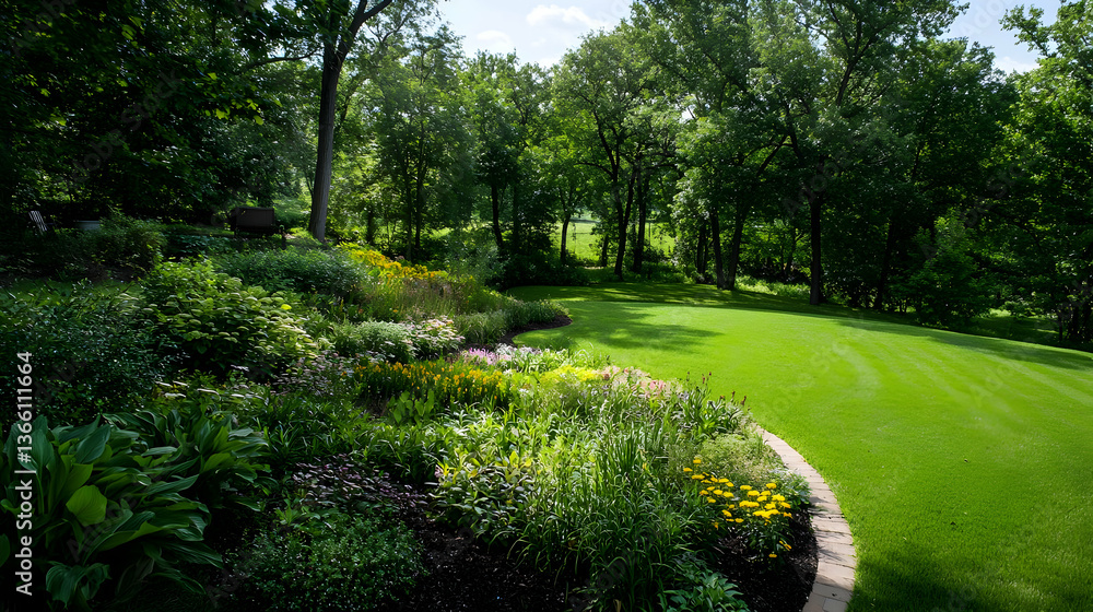 Fototapeta premium Lush Green Garden With Flowerbeds And Mowed Lawn Under Bright Sunlight During Day Time