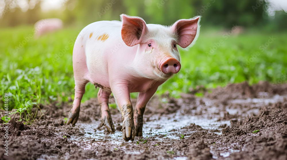Delightful pink piglet frolicking in mud, enjoying rural farm life scenario Delightful pink piglet frolicking in mud, enjoying rural farm life scenario