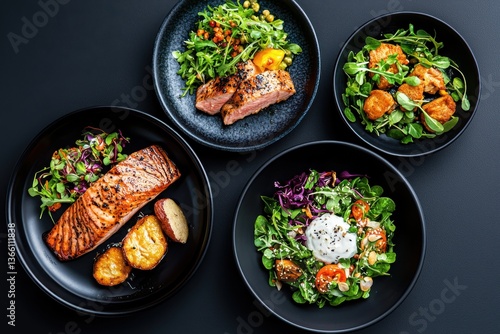 Elegant meal presentation featuring bold contrasts restaurant dining food photography modern aesthetic top-down view culinary art