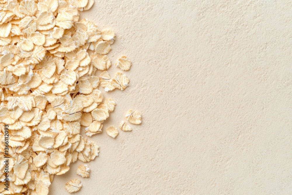 Natural texture of oatmeal flakes spread across light surface, s Natural texture of oatmeal flakes spread across light surface, s
