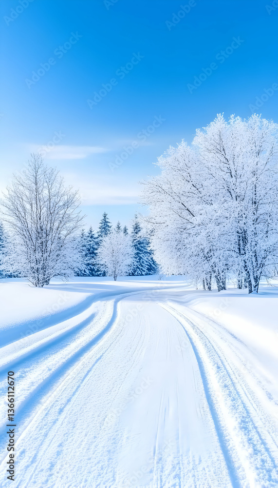 Snow-covered path winding through a winter wonderland, with frost-covered trees under a bright blue sky Snow-covered path winding through a winter wonderland, with frost-covered trees under a bright blue sky