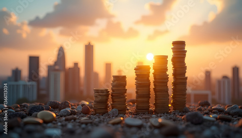 A series of stack of Coins against a city skyline background. Representing Financial Growth and Investment in Real Estate.