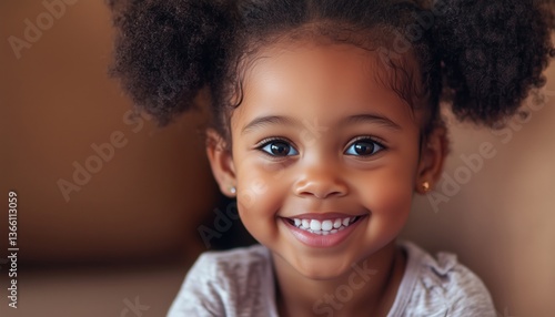 Wallpaper Mural Happy African American Girl With Two Ponytails Smiling At Camera: Portrait Of Joyful 4-Year-Old With Afro Puff Hair At Home. Torontodigital.ca