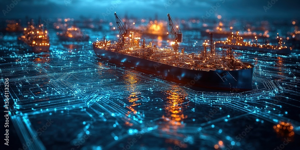 Obraz premium Ships illuminated at night on water with vibrant reflections and modern technology elements