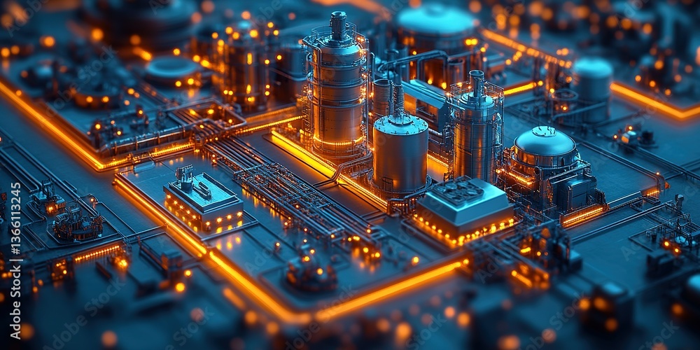 Obraz premium Industrial complex exhibiting intricate machinery and glowing pipelines at night