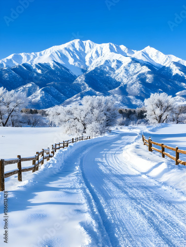 Wallpaper Mural Snowy mountain road Scenic winter view with a wooden fence and frosted trees under a bright blue sky Torontodigital.ca
