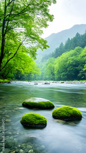 Wallpaper Mural Serene river scene with moss-covered rocks, lush green foliage, and misty mountains Torontodigital.ca
