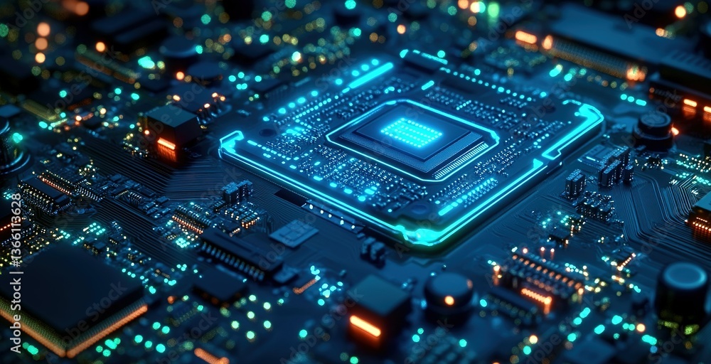 Close-up view of a glowing microprocessor on a circuit board with intricate details and vibrant lights Close-up view of a glowing microprocessor on a circuit board with intricate details and vibrant lights
