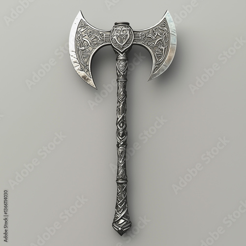 Intricate double headed battle axe with Nordic carvings on neutral background
