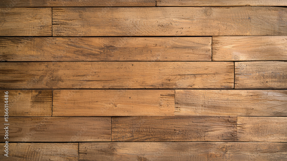 Naklejka premium Rustic wooden wall panels with aged grain and warm brown tones create cozy atmosphere