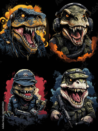 Ferocious dinosaurs in military uniforms with weapons and gear, ideal for action-themed art, gaming avatars, tactical designs, or prehistoric warrior character illustrations.

