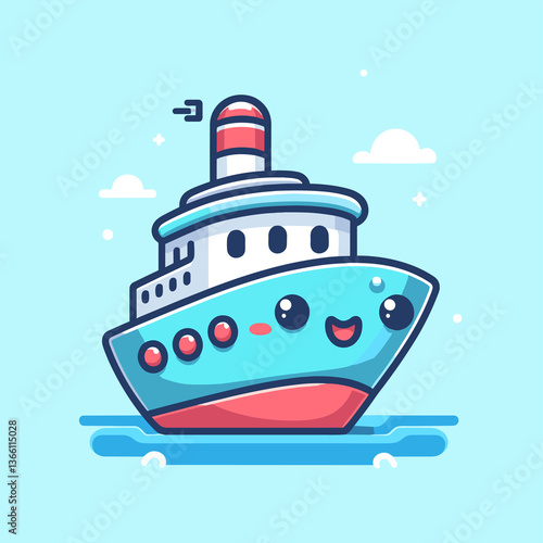 A cartoon boat with a smiling face on it is floating on the water