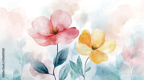 Pink and yellow watercolor flowers of a poppy in blue and green leaves depicted in a floral and botanical style with beautiful delicate and elegant painting on the white background.
