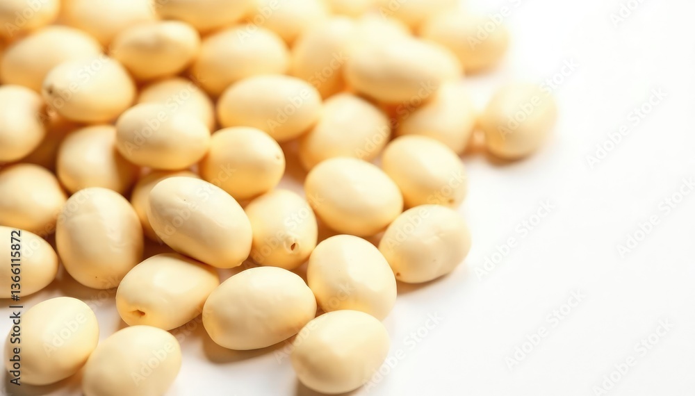 Close-up of dry white beans on white background, cooking, organic, diet Close-up of dry white beans on white background, cooking, organic, diet