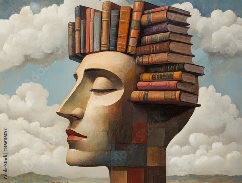 Serene Mosaic Portrait of a Person with Books for a Head Against a Cloudy Sky