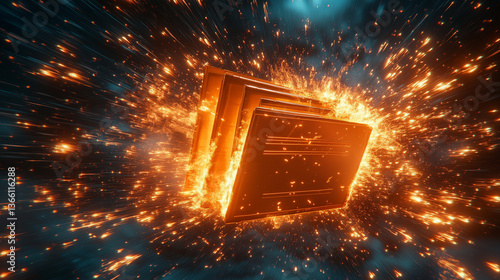 Gestapelte Akten explodieren, Funken fliegen darumherum, abstrakte Darstellung von dunklem Hintergrund, Querformat