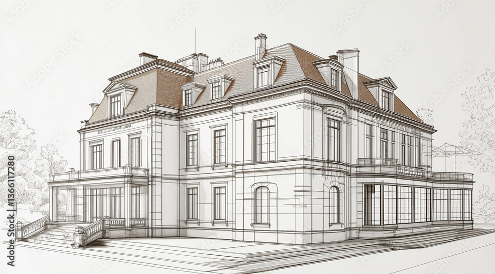 Architectural drawing of classic mansion with elegant rooftop and modern layout
Architectural drawing of classic mansion with elegant rooftop and modern layout