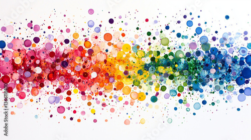 Ein farbenfroher Hintergrund bestehend aus regenbogenenfarbenen Punkten vor weißem Grund, Querformat